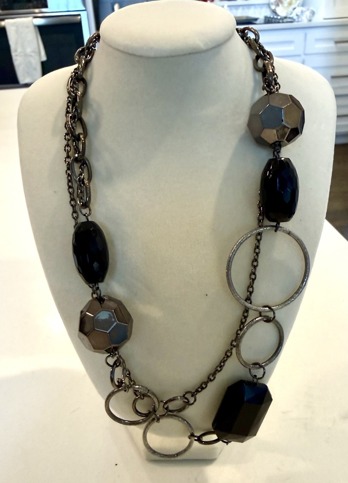 Gunmetal And Silver Toned Layered Necklace With Black & Geometric Beads