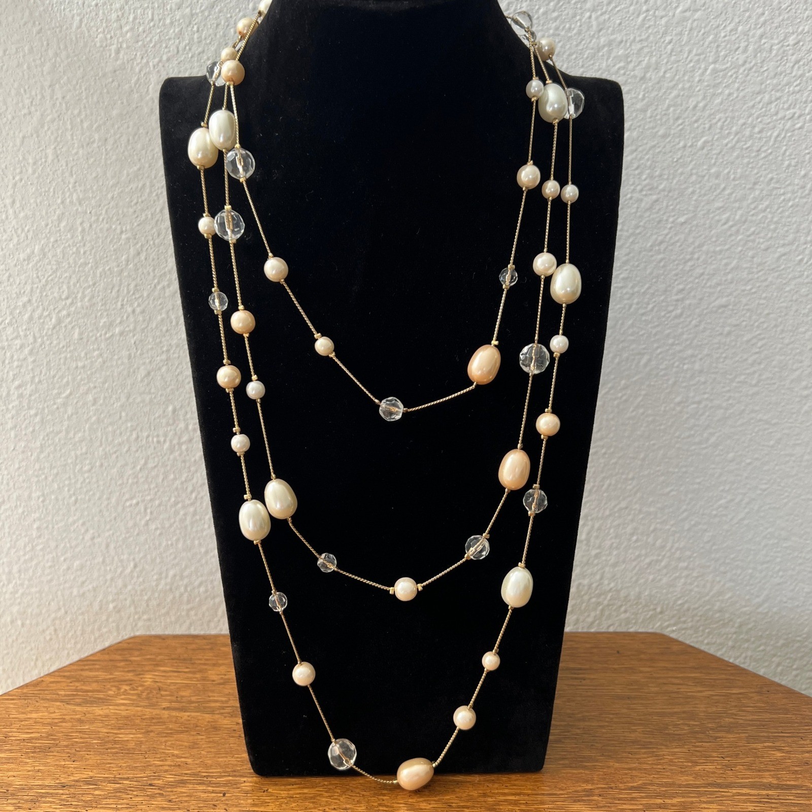 Beaded Station Necklace Faux Pearl Glass White Cream Premier Designs 68″