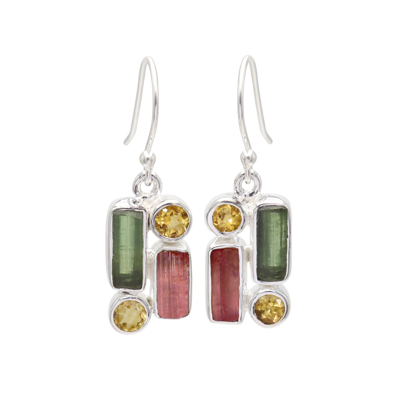 925 Sterling Silver Tourmaline Citrine Dangle Earrings Handmade Gemstone Jewelry