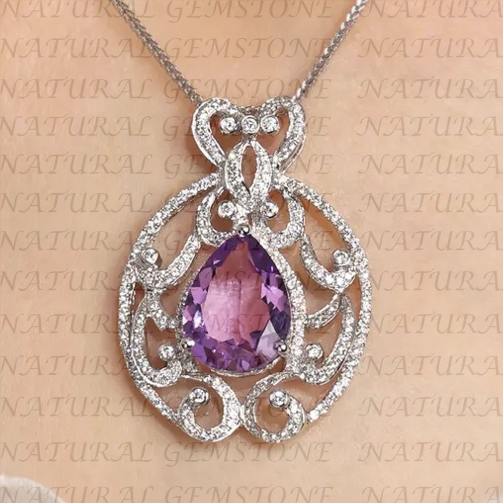 6.80Carat Pear Shape Natural Amethyst and Diamond Pendant 18K White Gold Plated