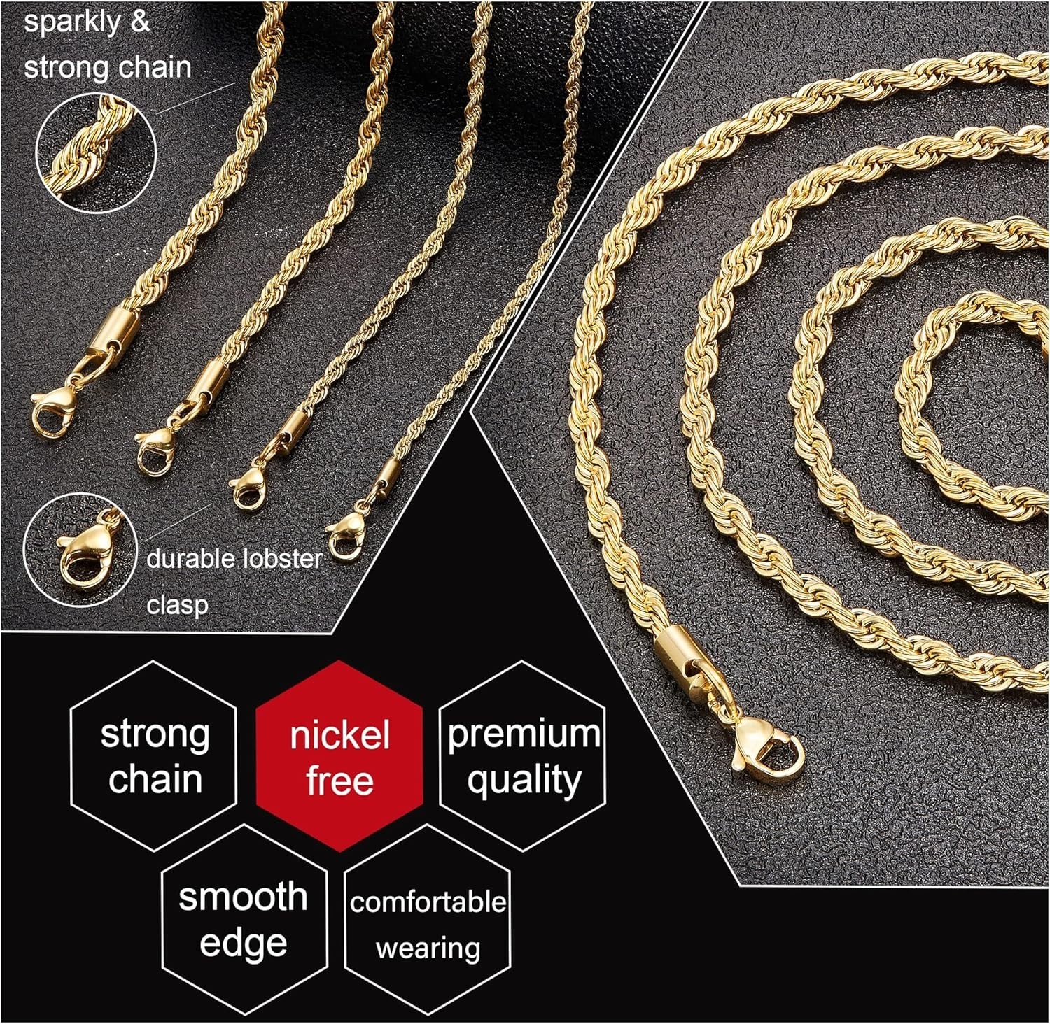 18K Gold Plated Rope Chain Necklace 1.5mm 2.5mm 5mm Stainless Steel