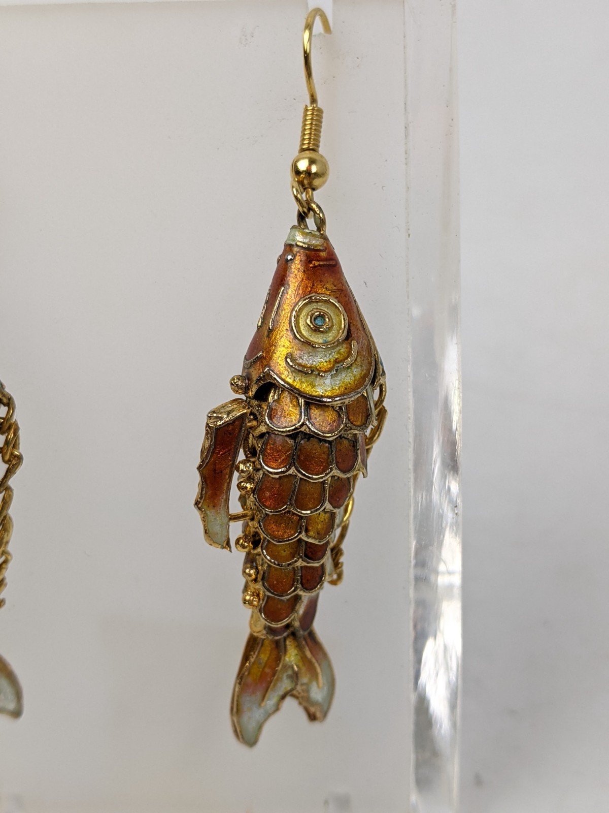 Vintage Mid 20th Century Articulated Enamel Cloissone Hinged Fish Earrings