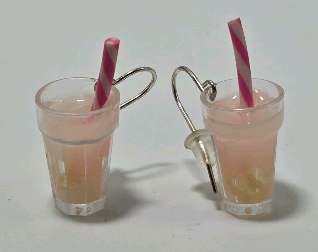 Mini Pink Drink W/Straw In Glass Earrings Hook Dangle Restaurant Bar Tender