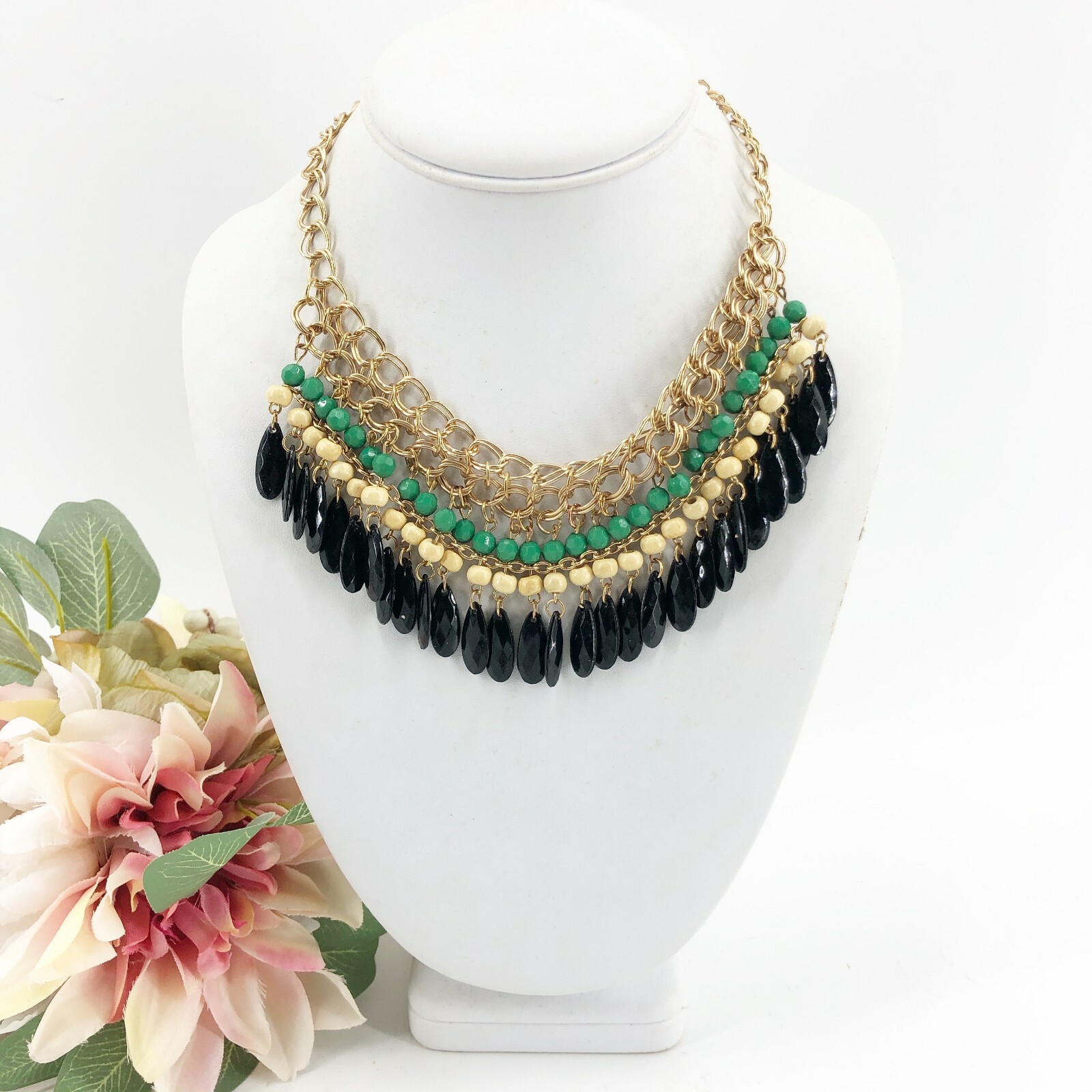 Statement Necklace Green Beige Black Gold Tone Beaded Bib Necklace 16 – 18″