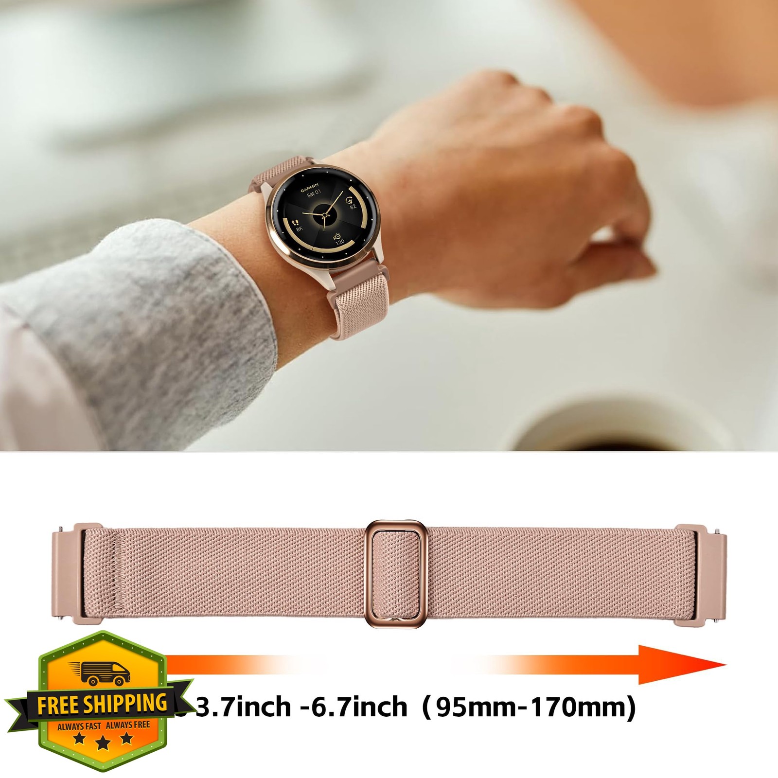 HQzon 18mm Nylon Band for Garmin Venu 3S/Vivoactive 4S, Starlight/Flesh Pink