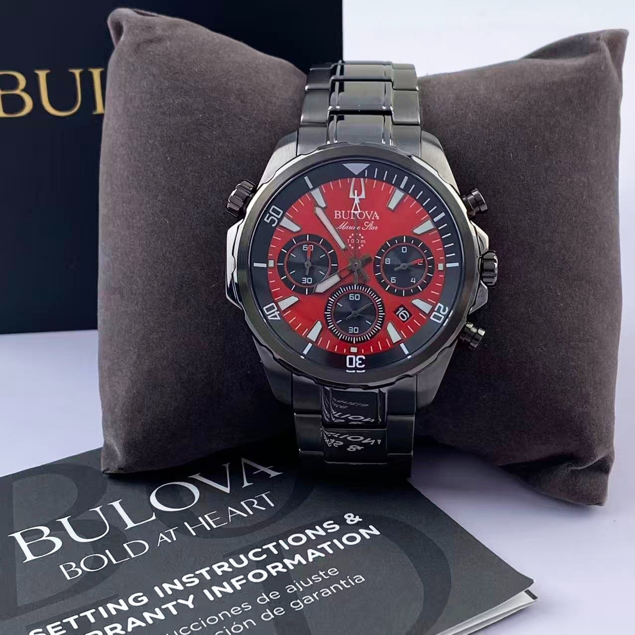 New Bulova Marine Star 98B350 Red Dial Men’s Chronograph Quartz Watch 43 mm