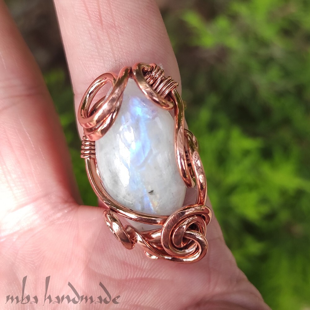 Moonstone Crystal Size 6-7-8-9 US Adjustable Ring Pure Copper Unique Jewelry