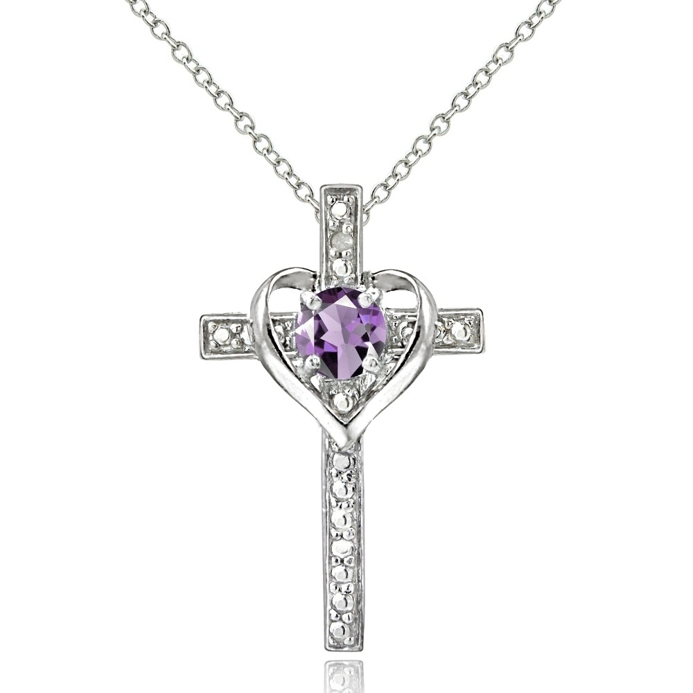 Cross Heart Amethyst Pendant Necklace in Sterling Silver