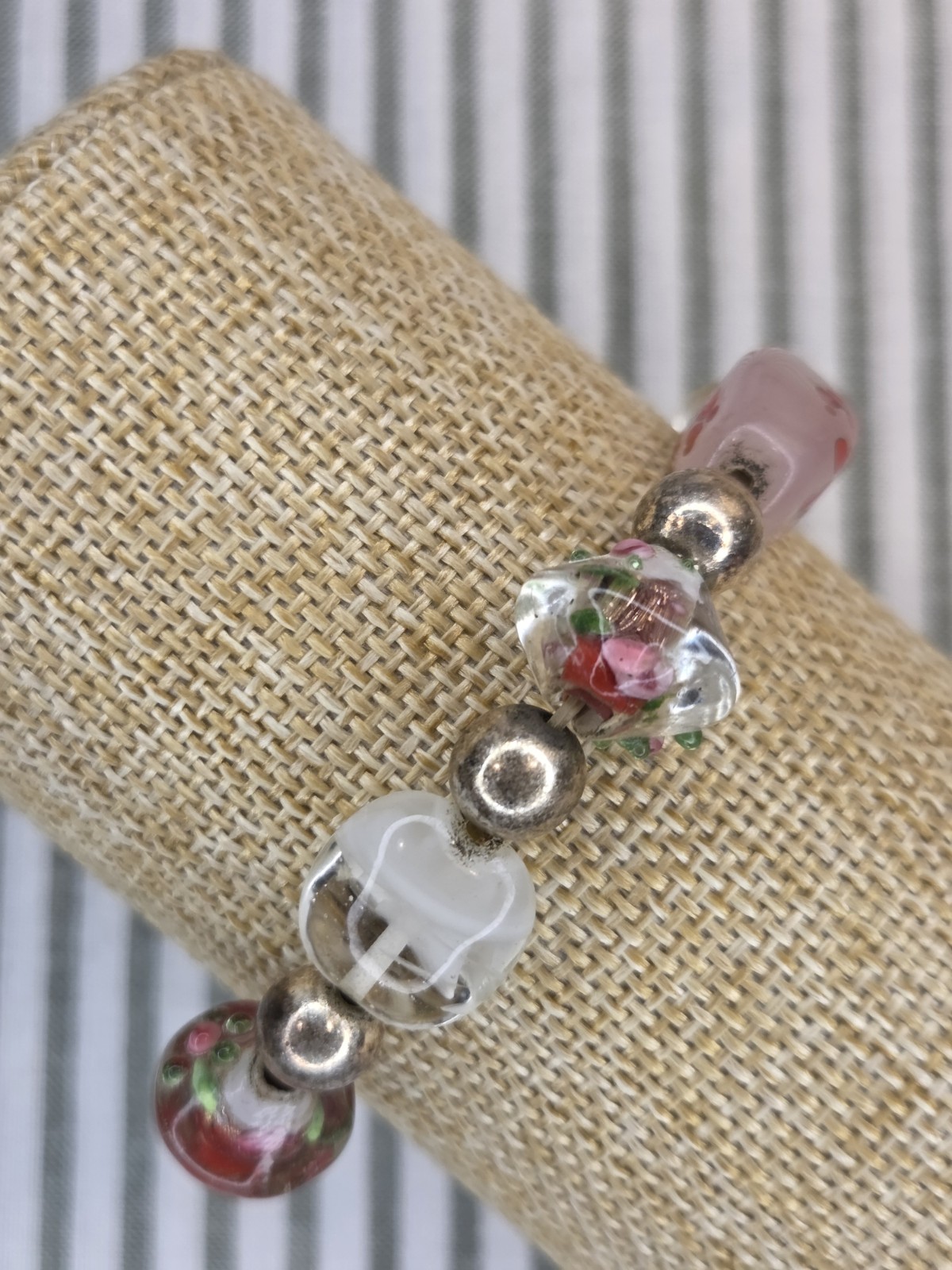 Set Of 2 Multicolor Lampwork Glass Beaded Bracelet, Floral Round Beads