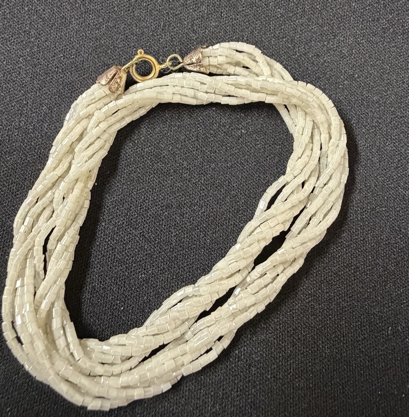 Vintage 15” White Seed Multi Strand Seed Bead Torsade Necklace/braceletGold Tone