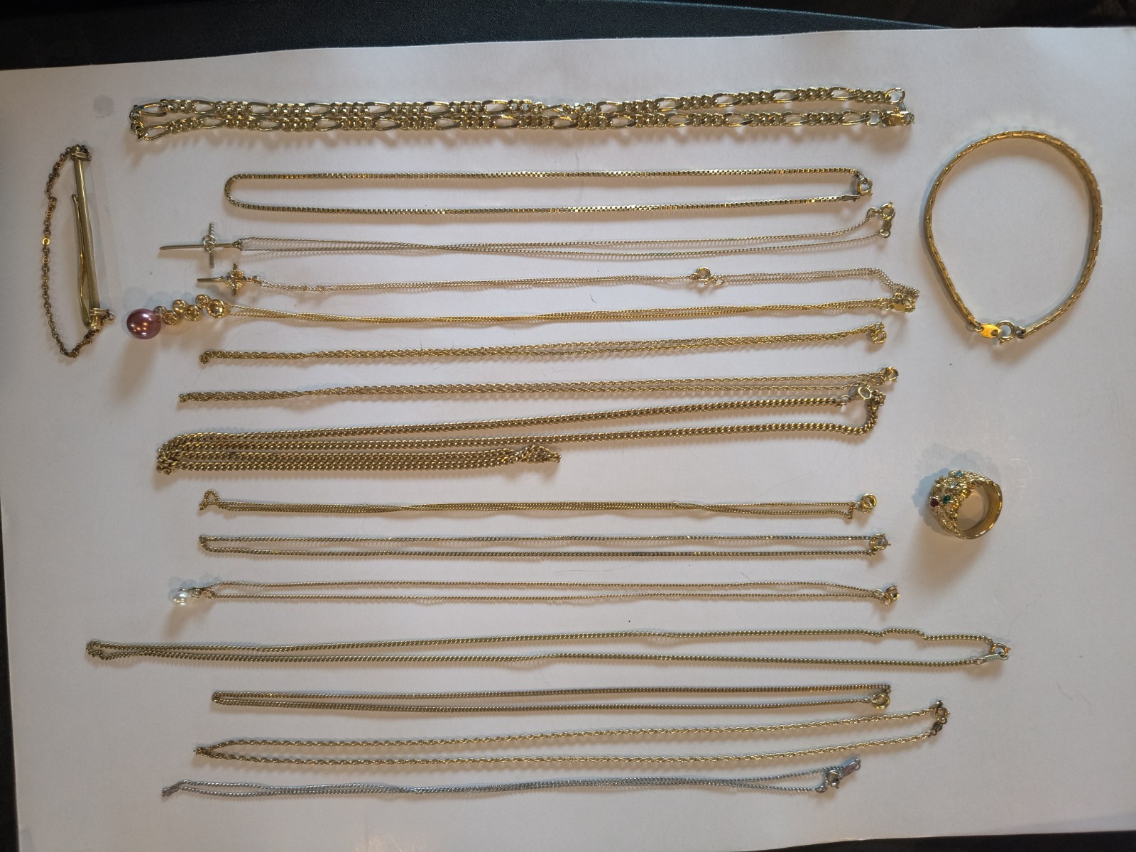 14k&12kGF All Marked 15 Chains 1 Ring 1 Bracelet 1 Tie Clip 4 Pendants 78 Grams