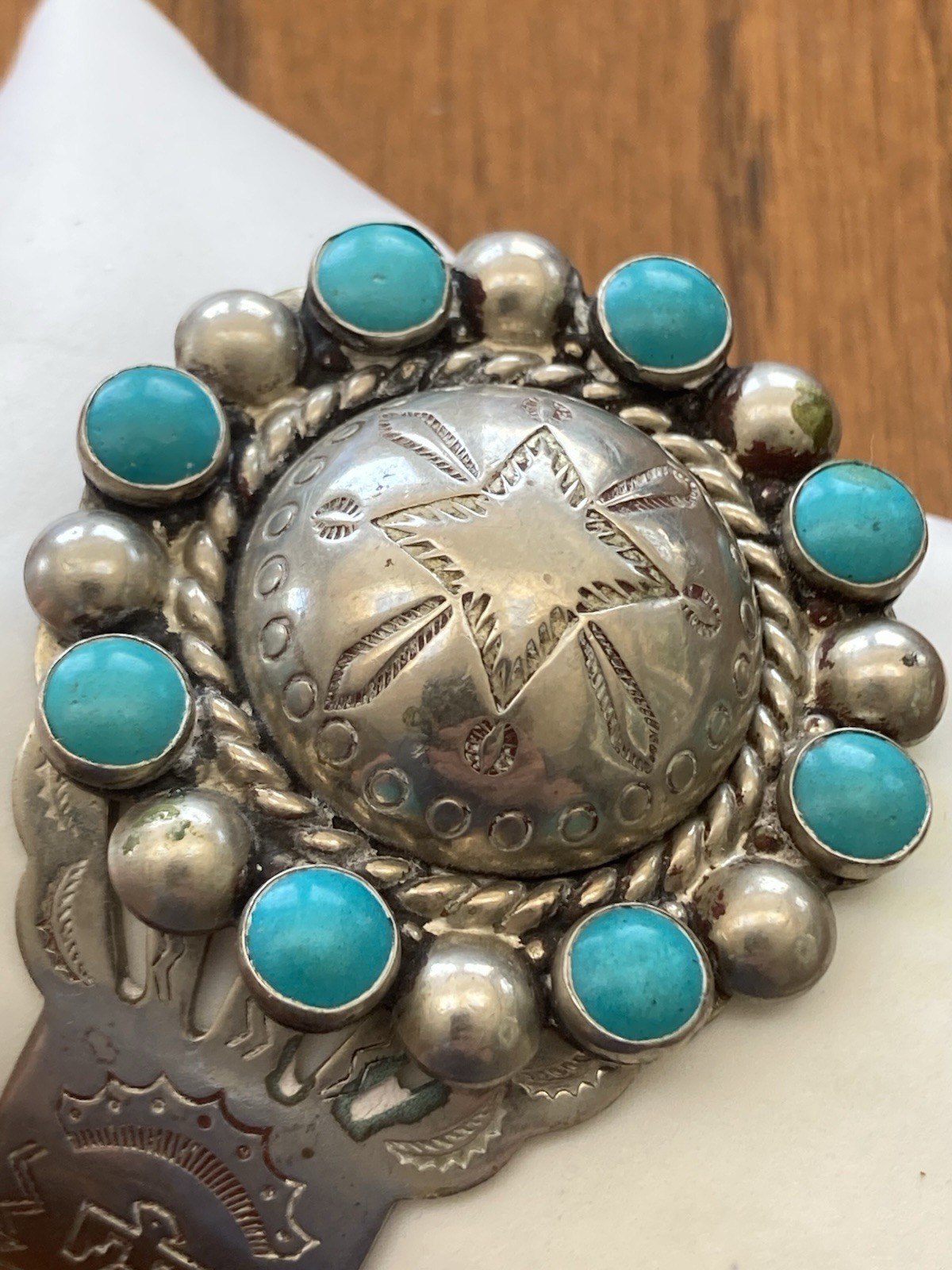 Vintage Bracelet Nickel Silver Faux Turquoise Cuff Stamped BELL TRADING POST