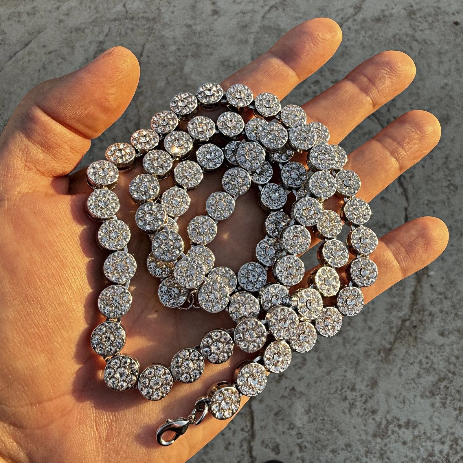 Men’s Flower Cluster Chain Simulated CZ Iced Flooded Out One Row Silver Tone 36″