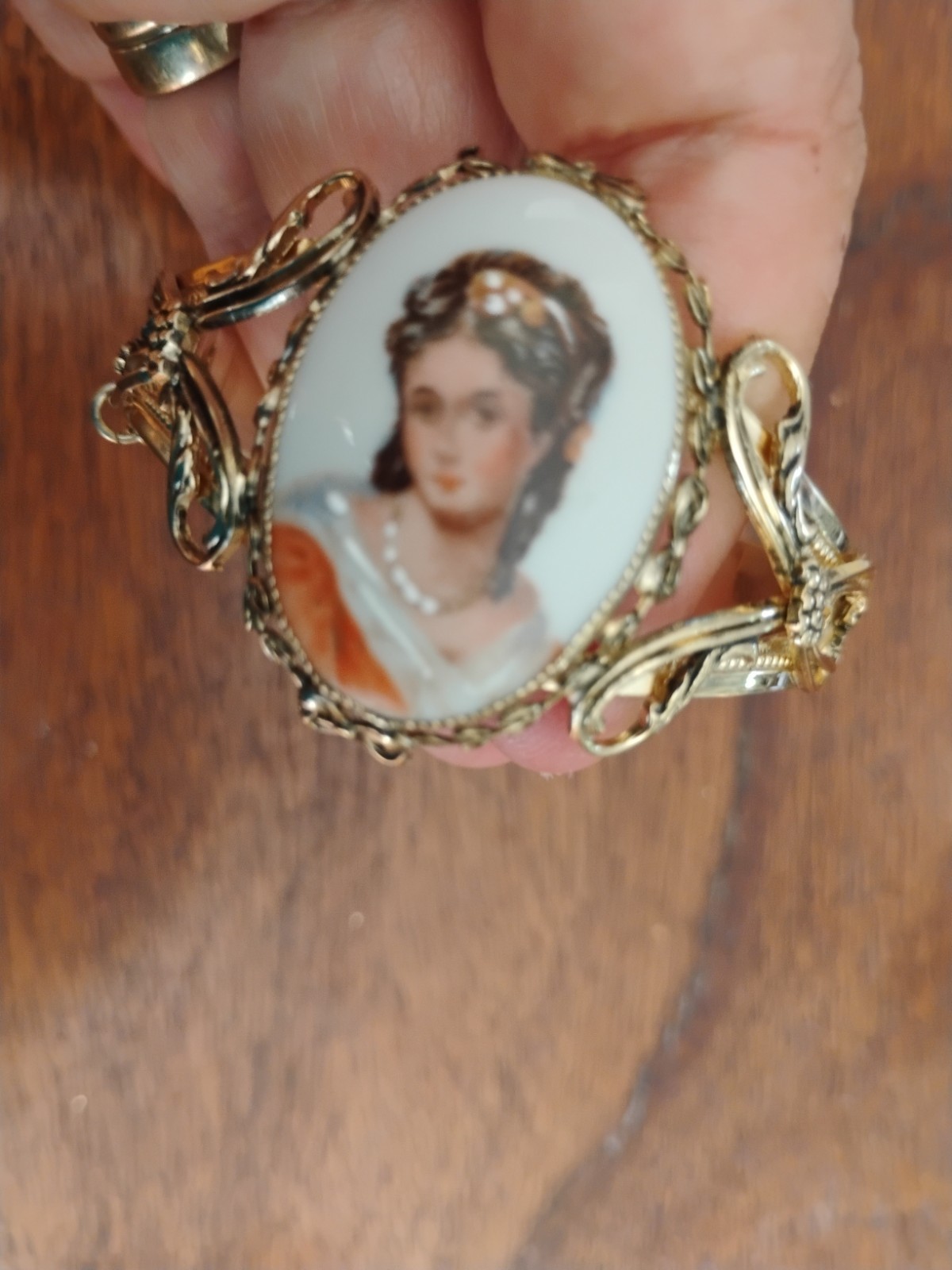 Whiting and Davis Gold Tone Bangle with Limoges Porcelain Portrait Bracelet