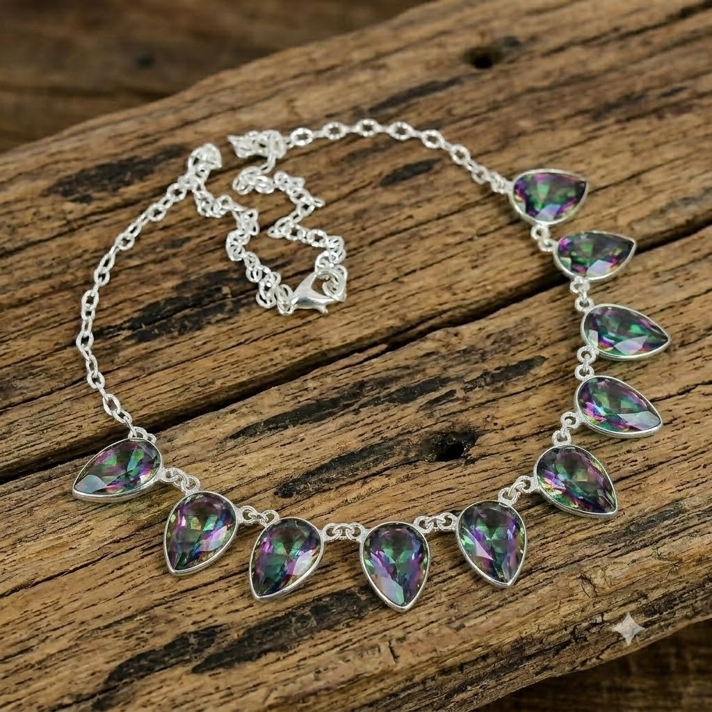 Rainbow Mystic Topaz Gemstone 925 Sterling Silver Jewelry Necklace Size-17-18″