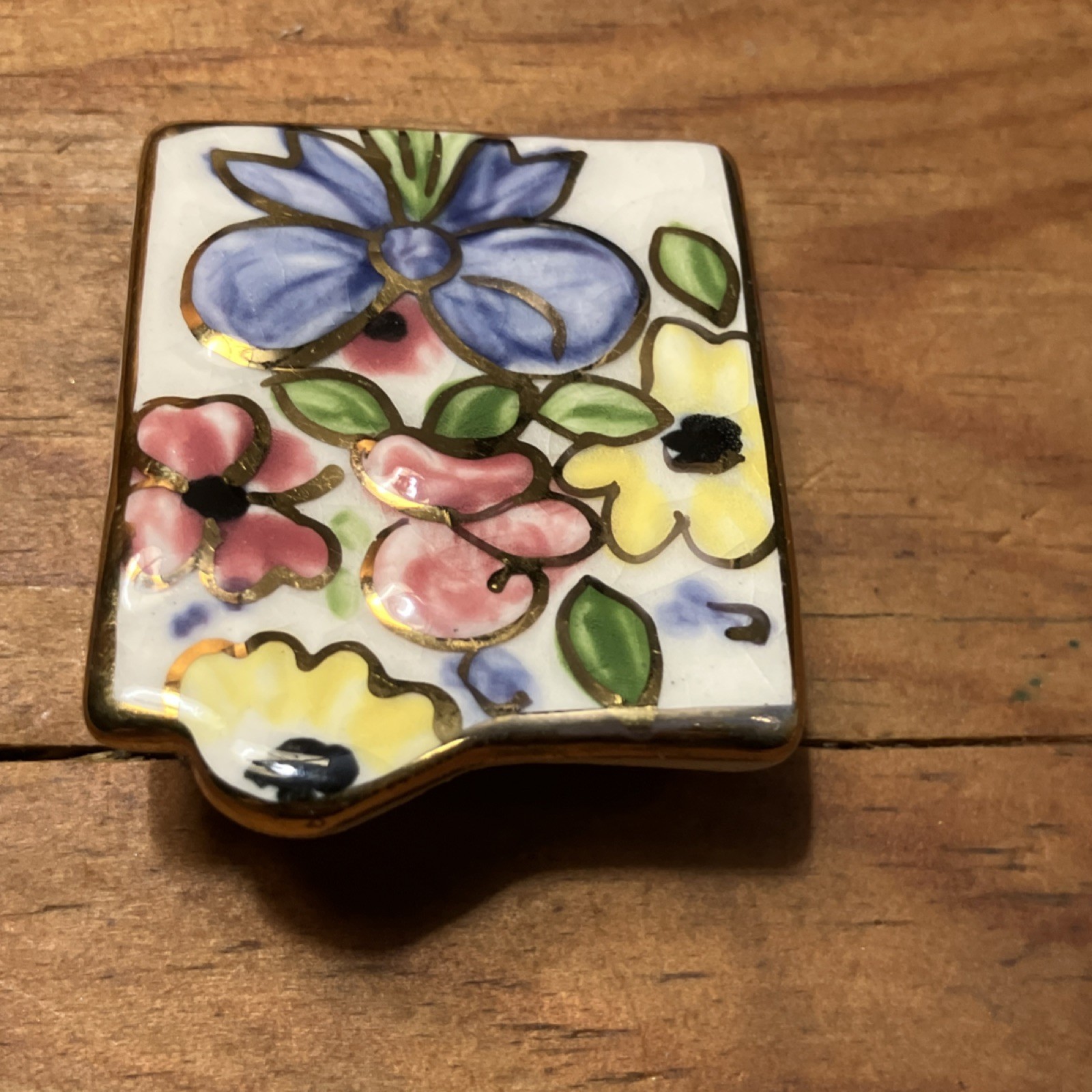 Handcrafted Multicolor Ceramic Enamel Floral Rectangle Brooch Pin, No Stone