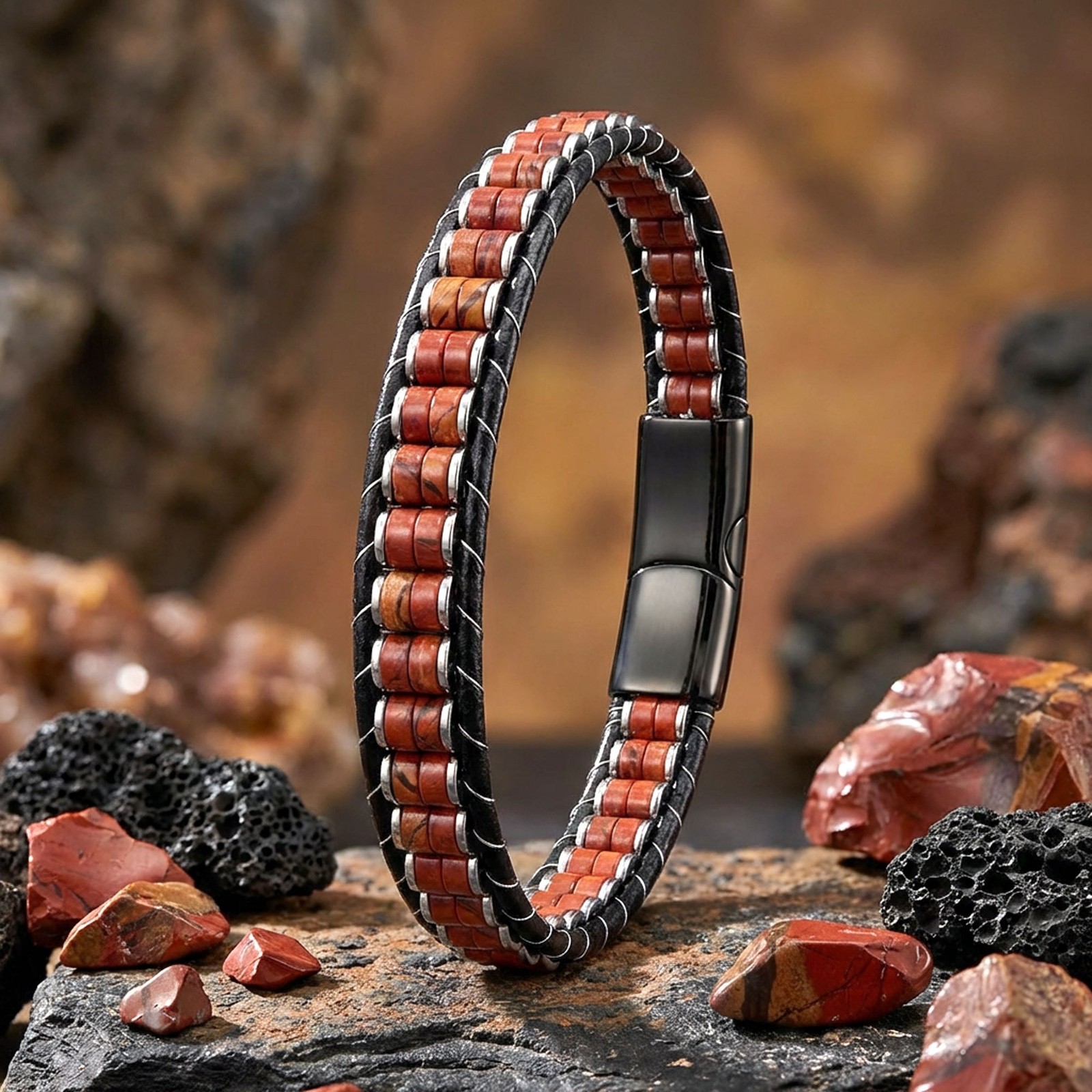 Red Jasper & Hematite Stainless Steel Braided Leather Bracelet