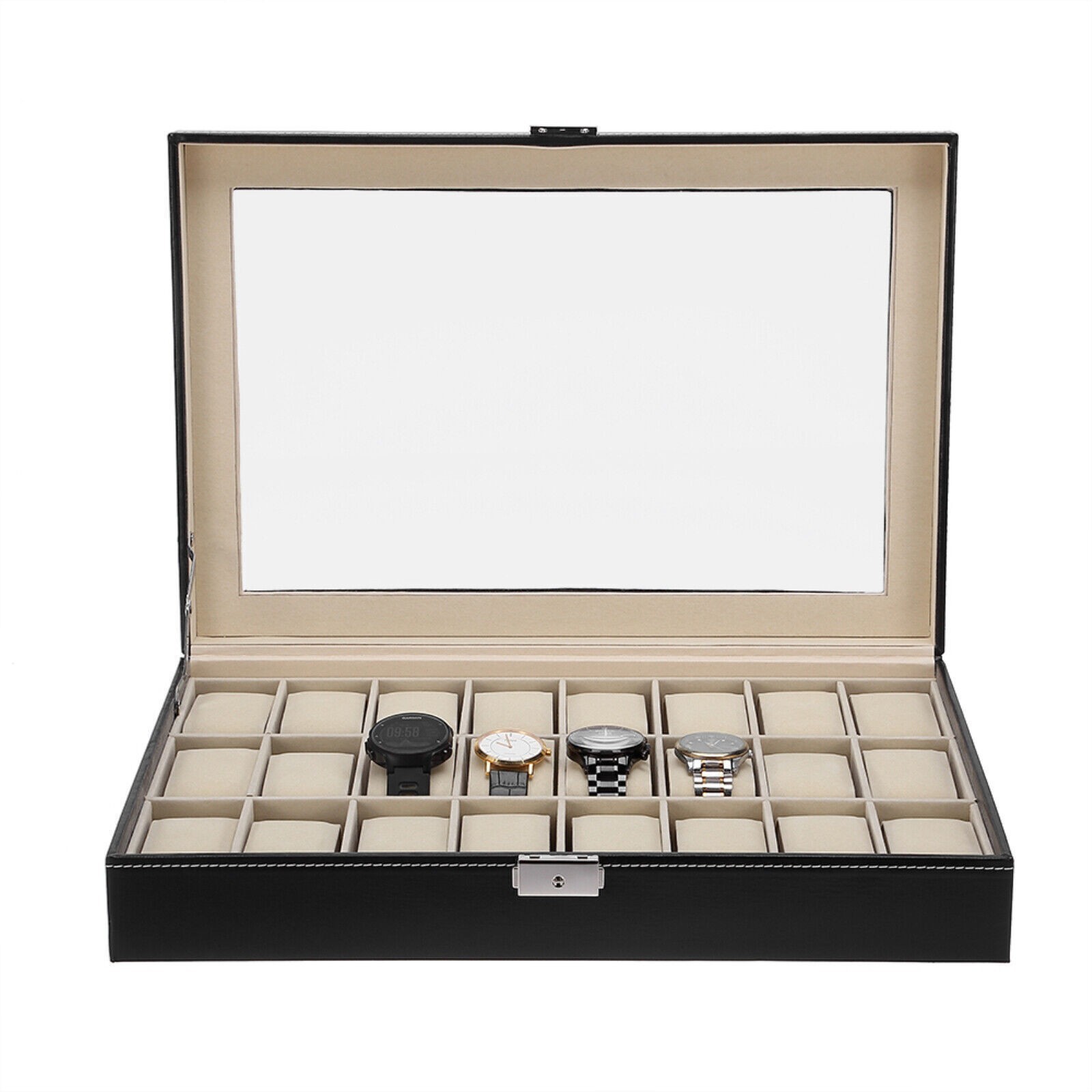 24 Slots Watch Box PU Leather Watch Case Organizer Watch Display Case Lockable ;