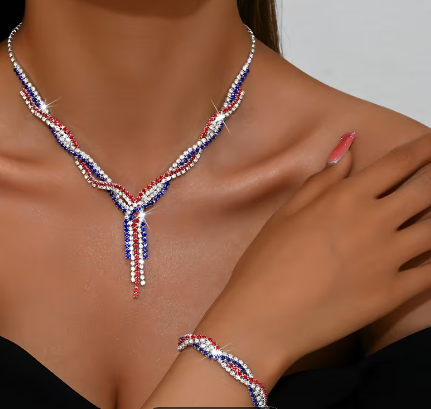 NEW RED WHITE BLUE RHINESTONE DROP EARRING NECKLACE BRACELET SET USA FLAG DESIGN