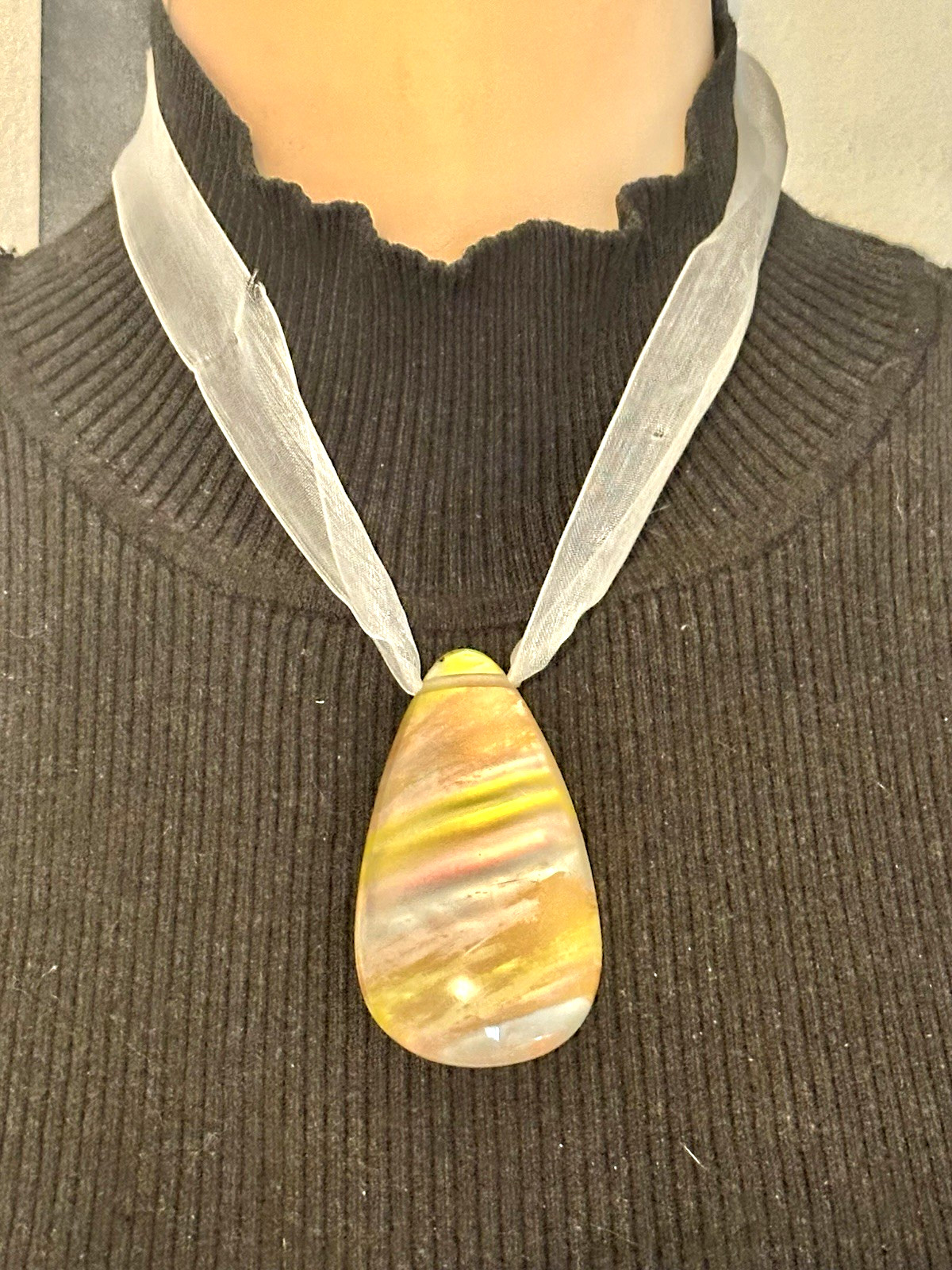 Vintage Silver Tone Silk Ribbon and Rainbow Lemon Glass Pendent Necklace, 15.5″
