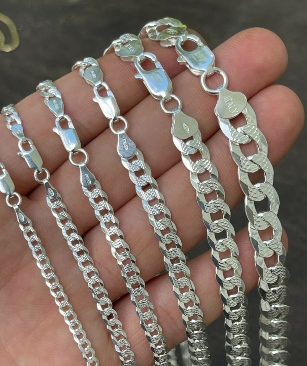 Real 925 Sterling Silver Mens Diamond Cut Curb Cuban Chain Bracelet or Necklace