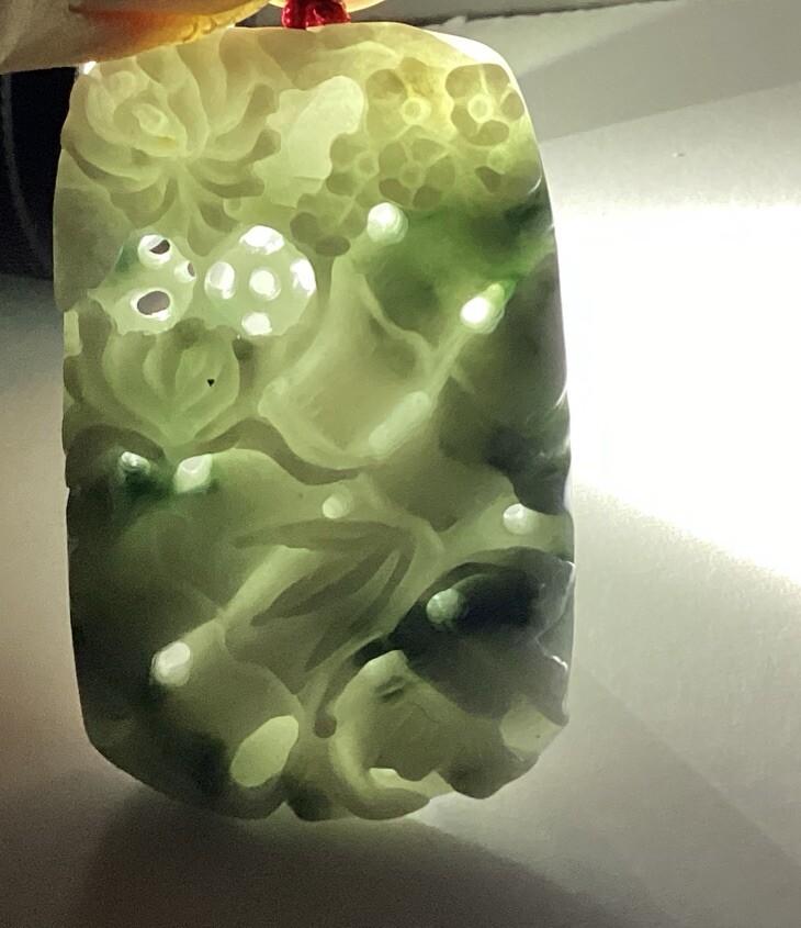 Light Tan & Green 1 Sided Jadeite Bamboo & Butterfly Translucent Pendant