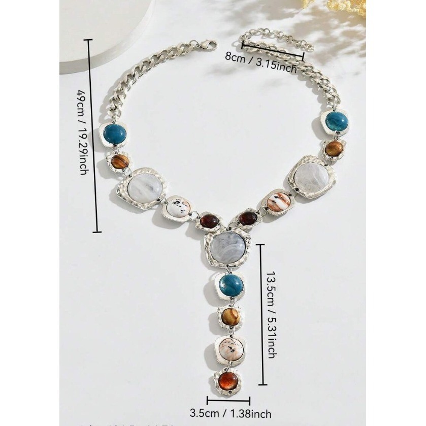 Boho Silver Tone Multi Color Faux Stone Y-Drop Statement Necklace Hammered Metal