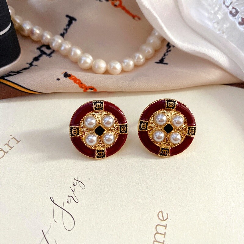 Retro French Elegant Simple Antique Times Drop Oil Enamel Pearl Silver Earring