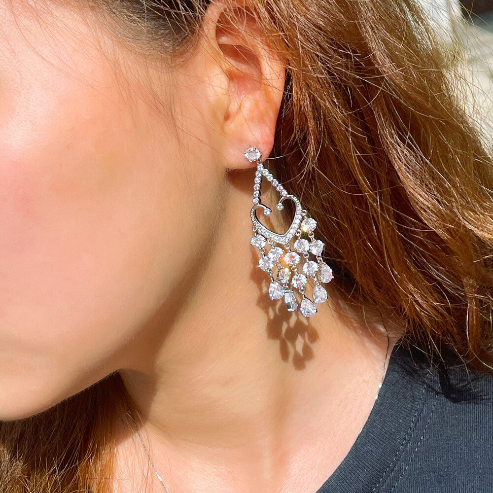 Dazzling Cubic Zirconia CZ Silver Plated Long Dangly Tassel Drop Wedding Earring