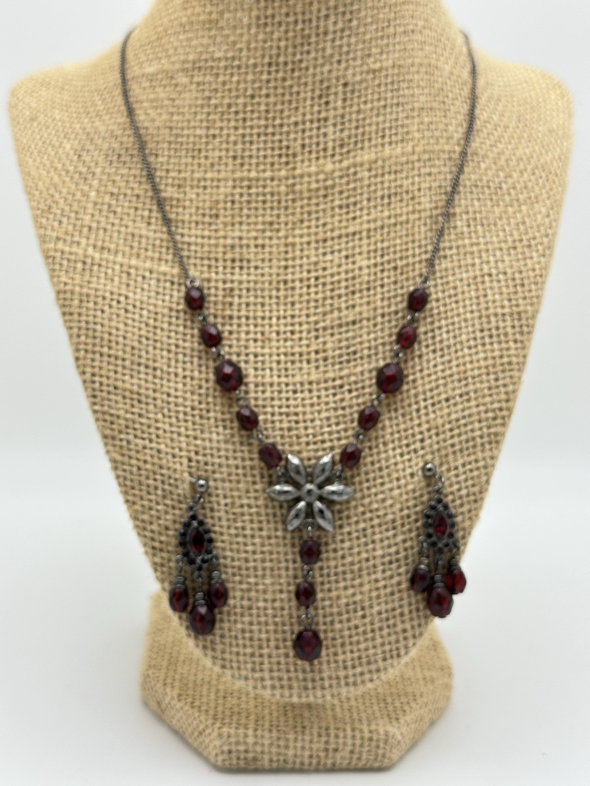 VTG-Inspired Red Burgundy Crystal Dangle Necklace & Pierced Earring Set 15-18”