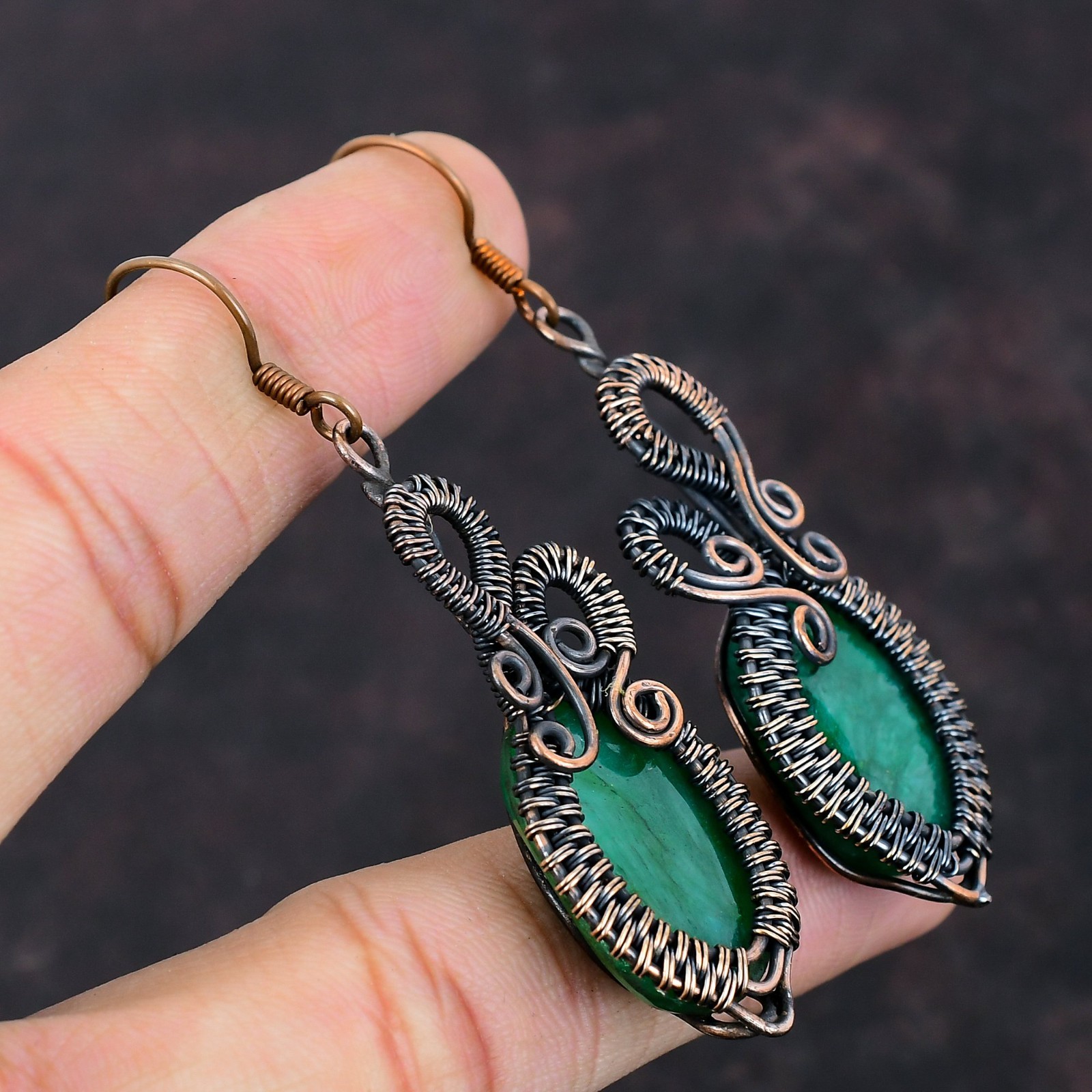 Zambian Emrald Gemstone Hook Drop Dangle Wire Wrapped Earrings Jewelry Copper