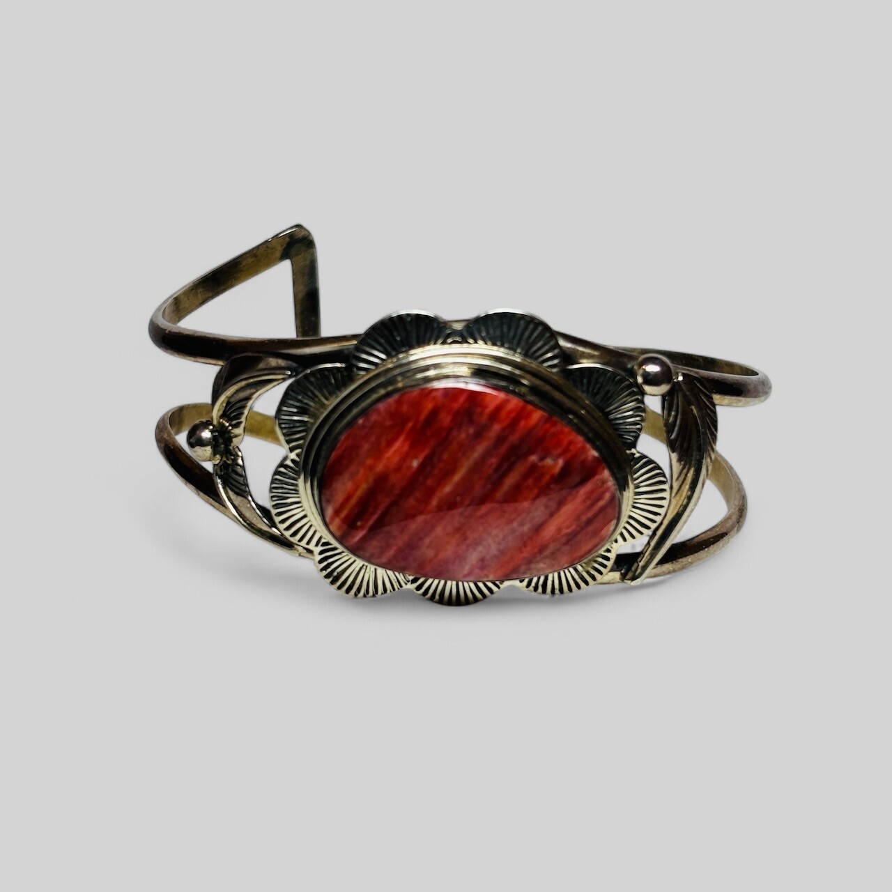 Navajo Signed Irv Monte Sterling Silver Red Stone Leaf Accent Cuff Bracelet 7 in