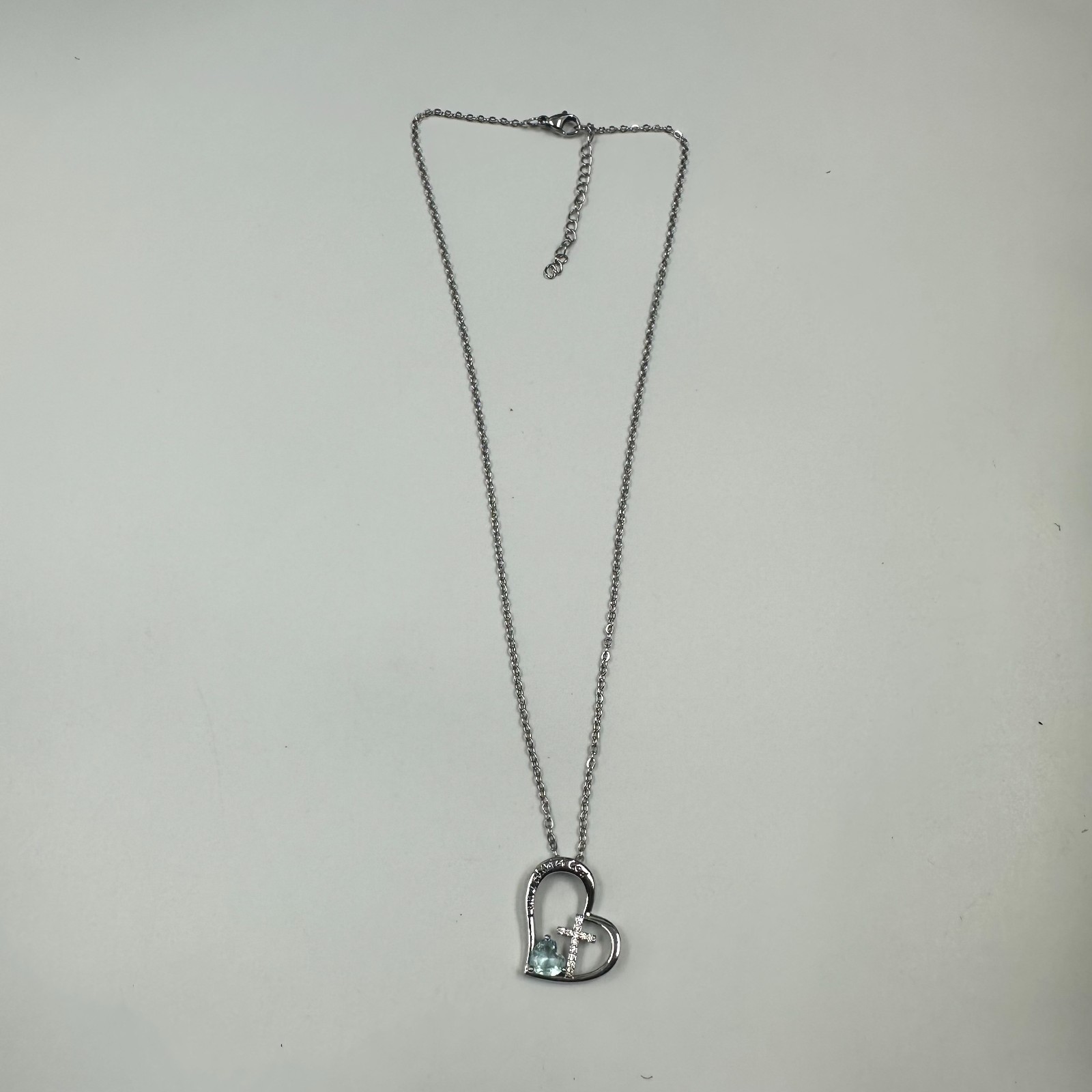 I Am A Child of God Heart Necklace Silver Tone Cross Blue Stone Accent 17 Inches