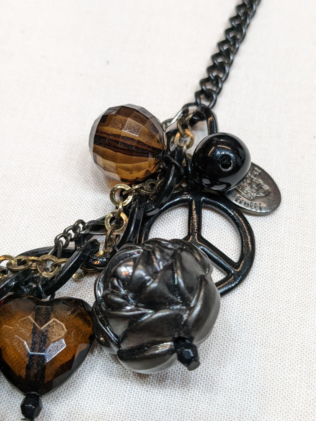 Gothic Charm Statement Necklace Emo Heart Rose Tassel Crown Black Brown ~16″
