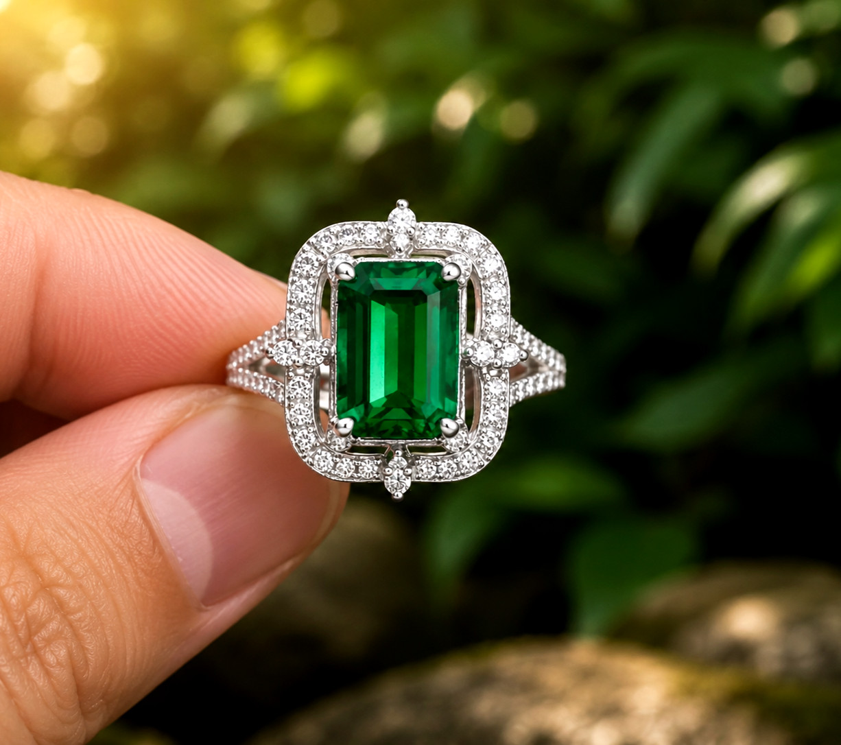 4Ct Lab Created Green Emerald Halo Engagement Wedding Ring 14k White Gold Plated