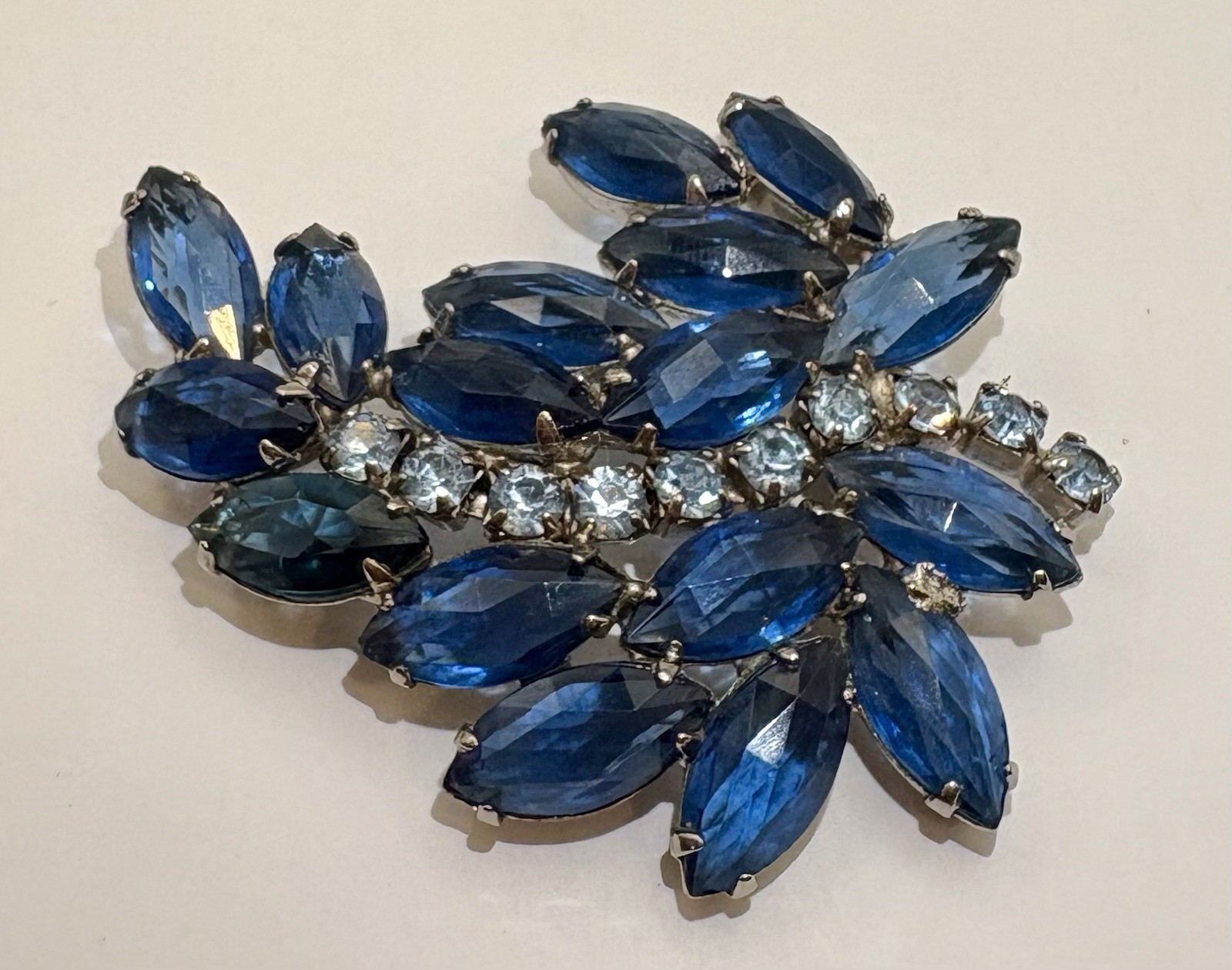 Vintage Blue Navette Rhinestone Brooch Silvertone Floral Spray Juliana Style