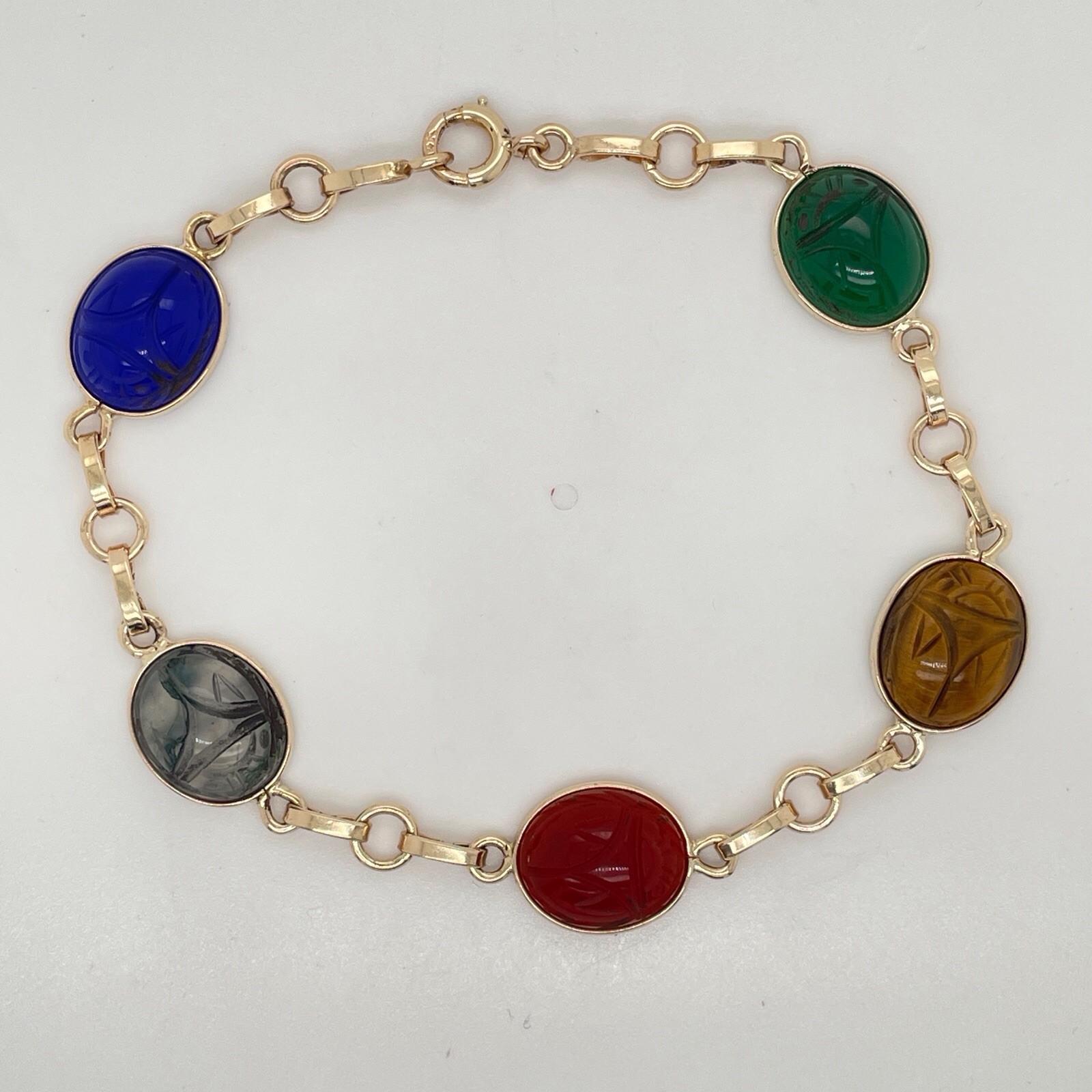 14k Yellow Gold Bezel Set Oval Multi Gemstone Scarab Bracelet 7 3/8” – 8.6 Gr.