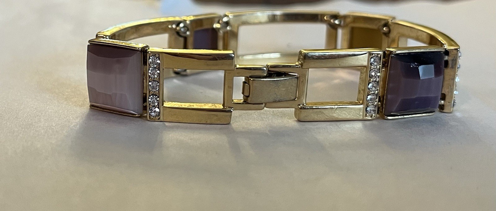 Gold Tone Bracelet Purple Brown Faceted Stones Rhinestone Accents