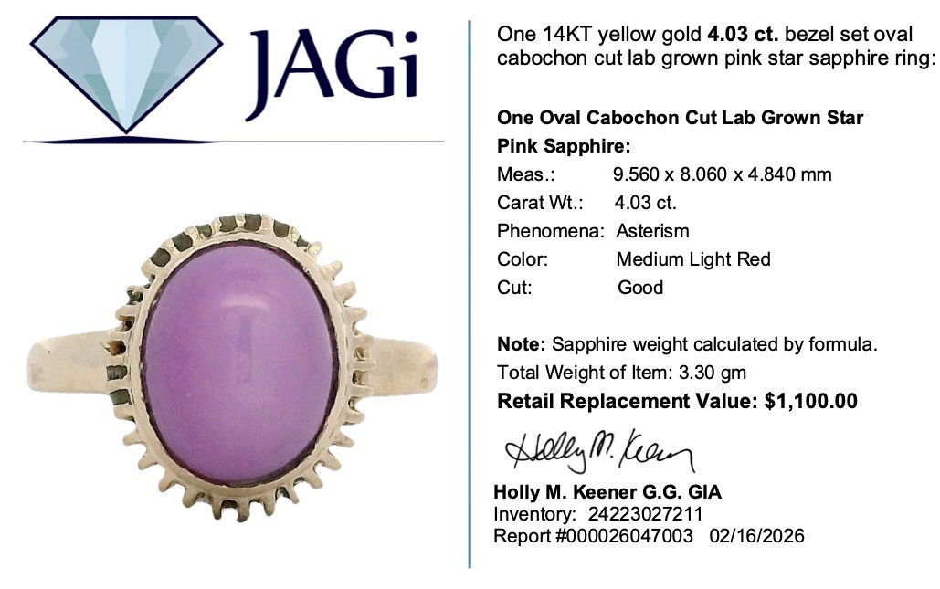 4.03ct Lab-Created Oval Cabochon Pink Star Sapphire Ring 14k Yellow Gold Size 6