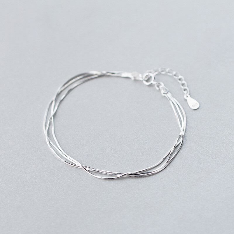 Woman REAL S925 Sterling Silver Multiple Layers Snake Chain Bracelet Bangle