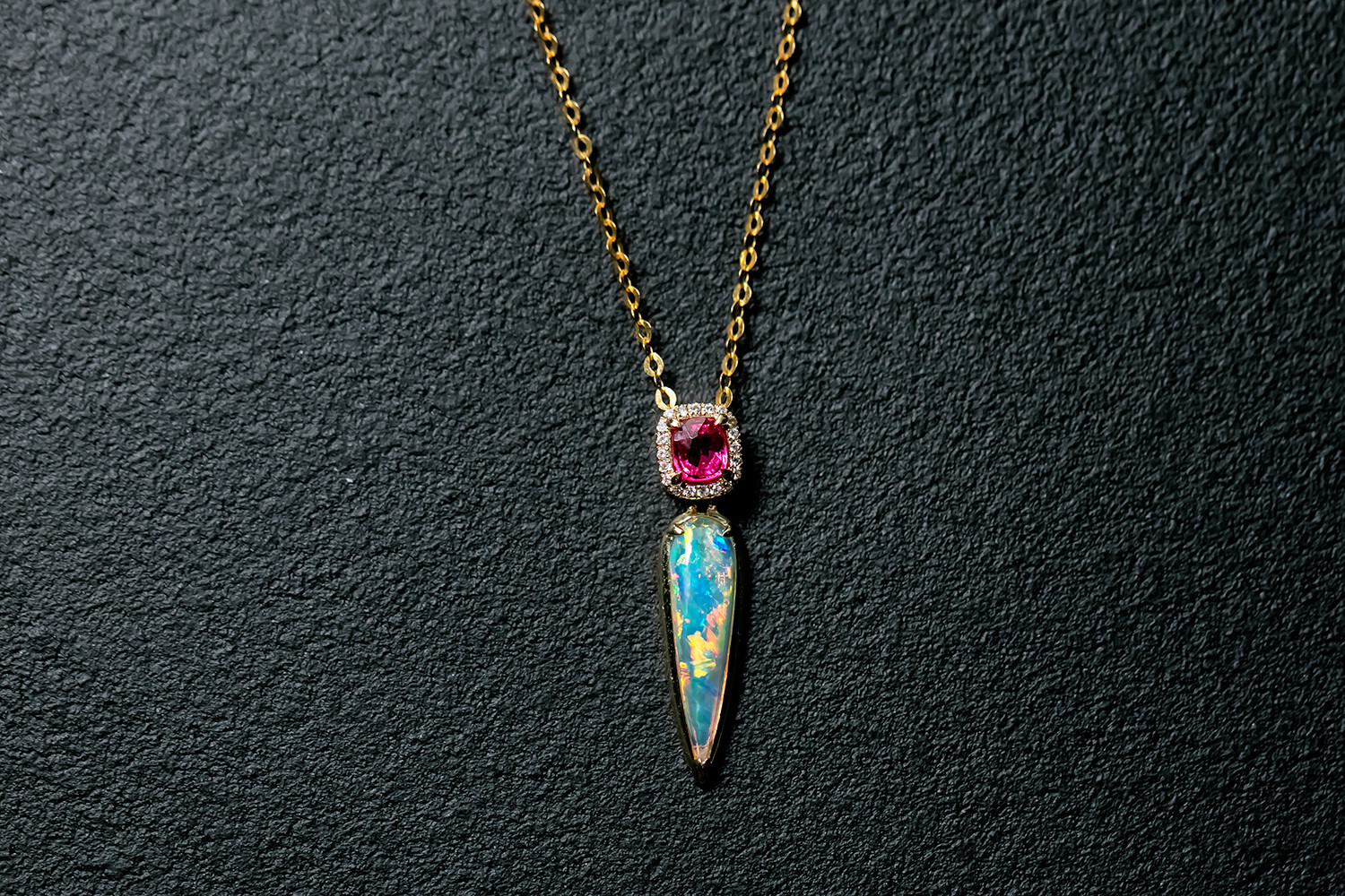 Pink Spinel & Australian Solid Opal Diamond Necklace in 14K Gold