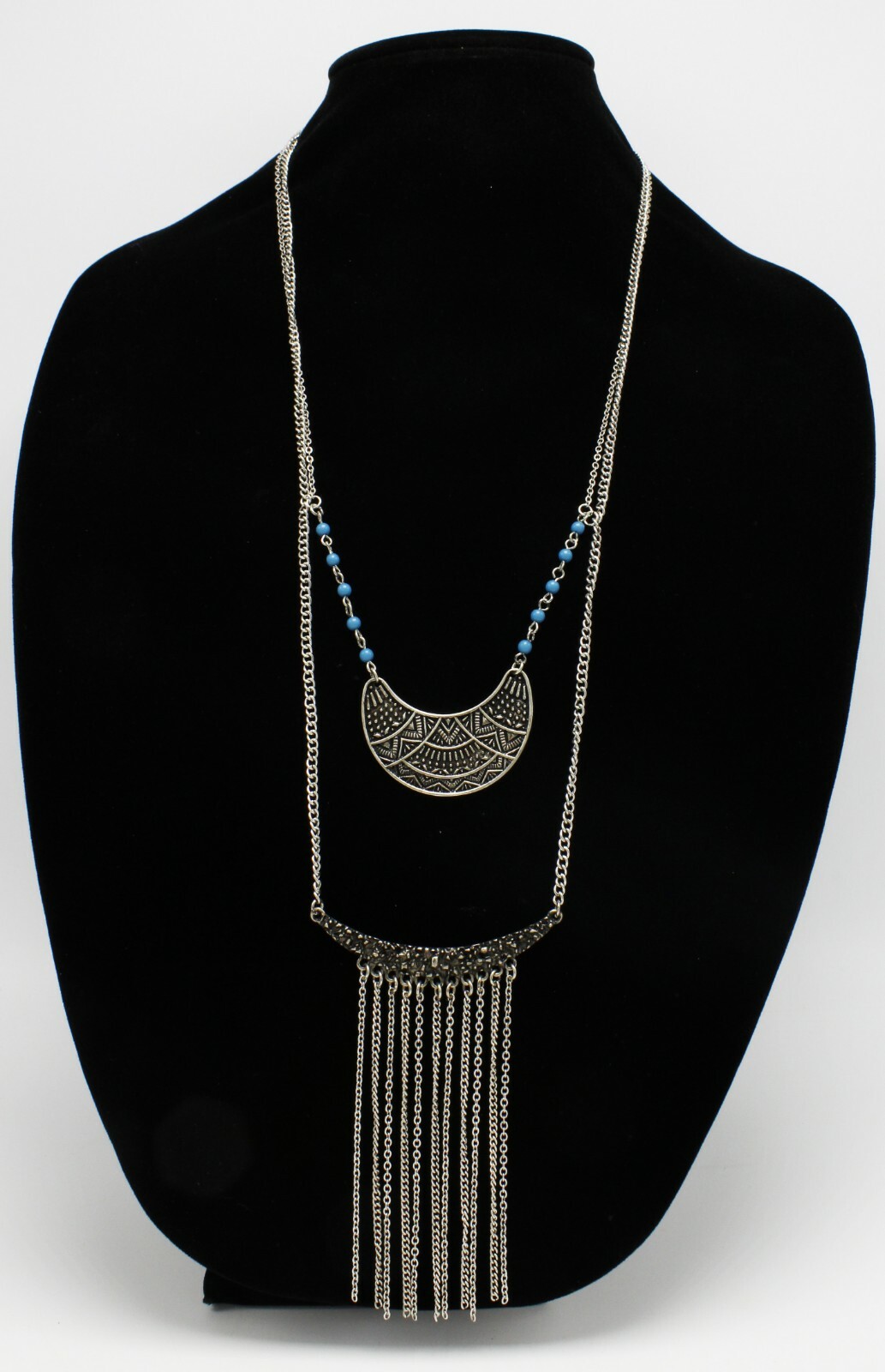 New Silver Oxide Double Layer Tribal Style Necklace with Beads #SN18