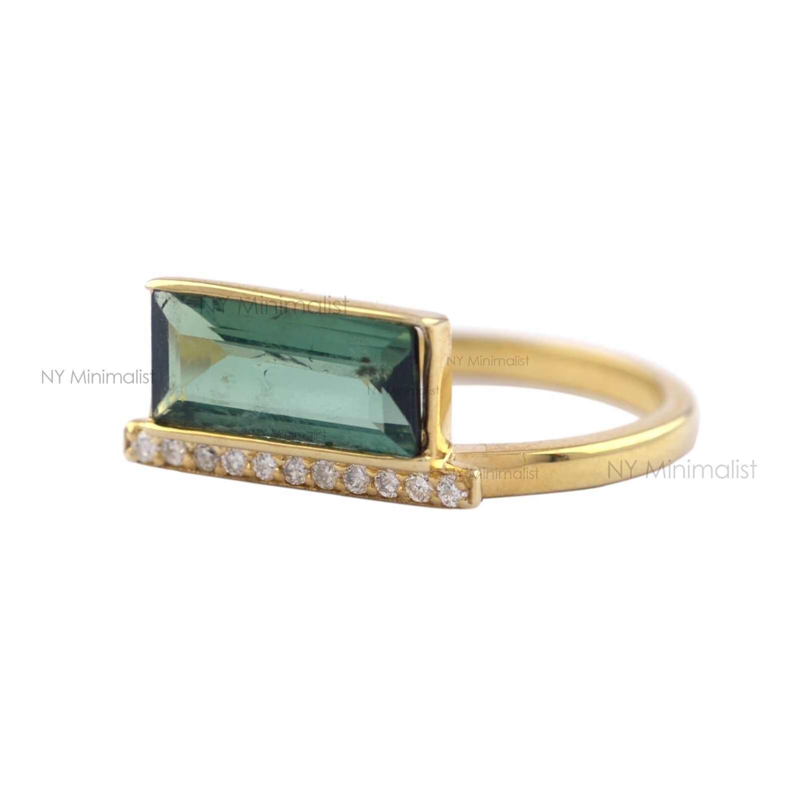 Horizontal Baguette Green Tourmaline and Pave Diamond Bar Ring In 14K Solid Gold
