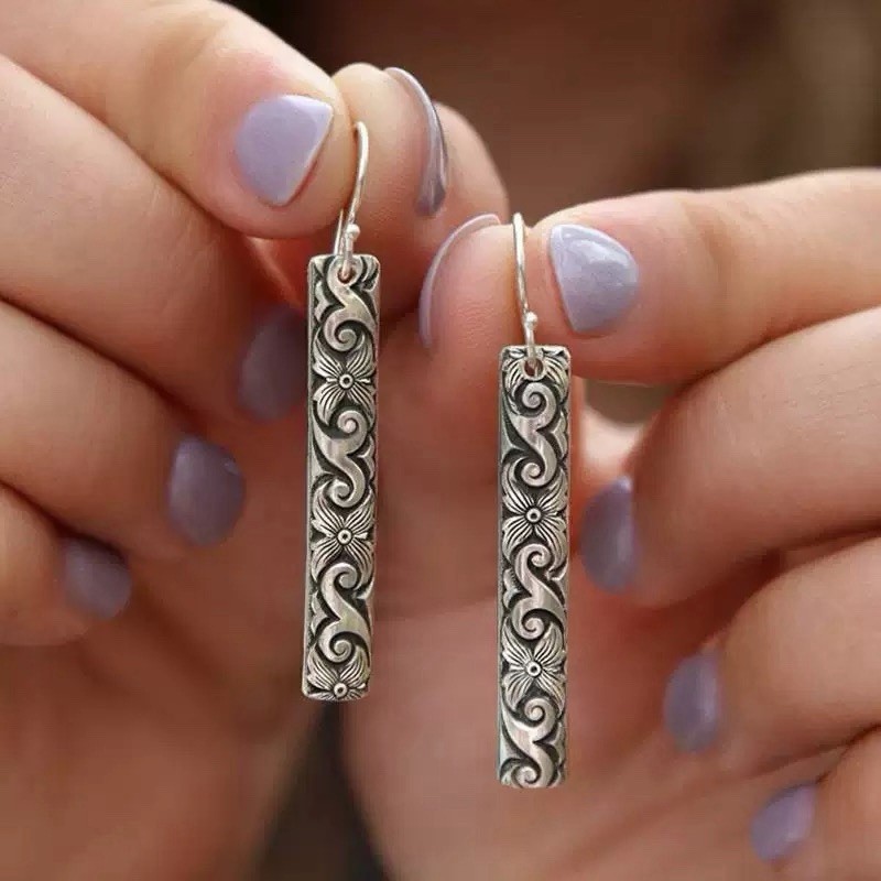 Silver Hook Boho Bar Drop Earrings Vintage Floral Engraved Dangle Earrings B02