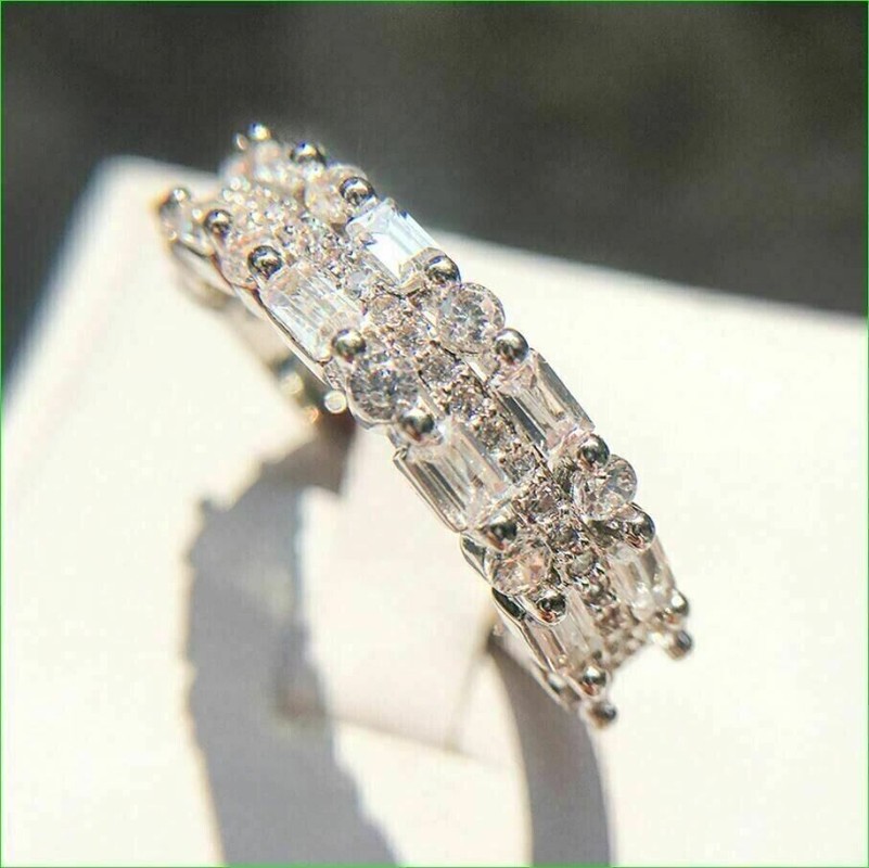 5.10 Ct Round & Baguette Cut Moissanite Band Ring 14K White Gold Over
