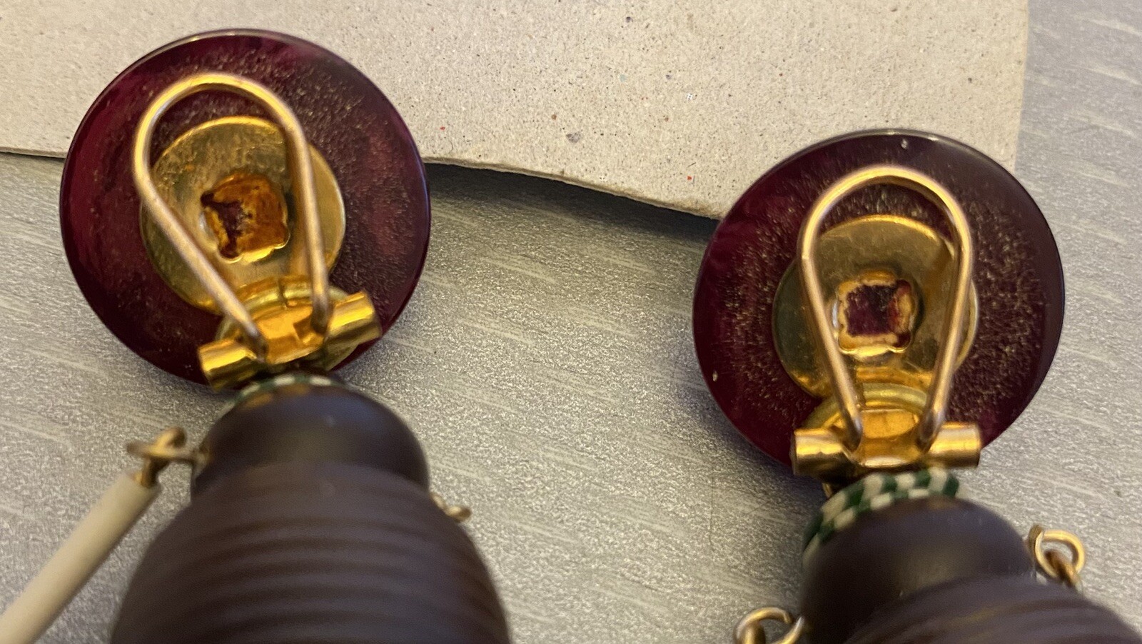 vintage French Celluloid Plastic Beaded Brown Girl Dangly Clip Paris Earrings 3″