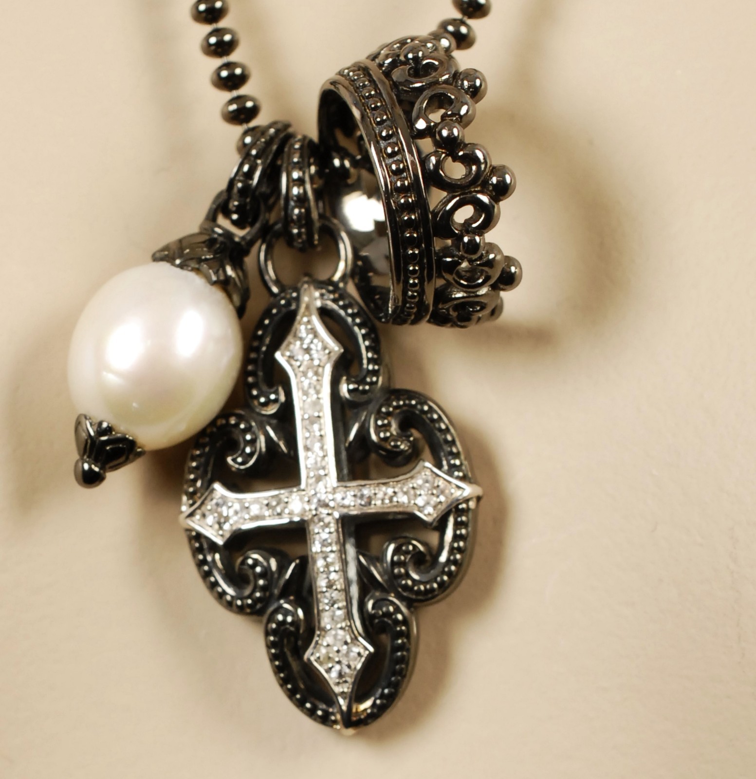 $750 Scott Kay Ruthenium Ball Chain Pearl Cross Charm Necklace Women Lady Gift