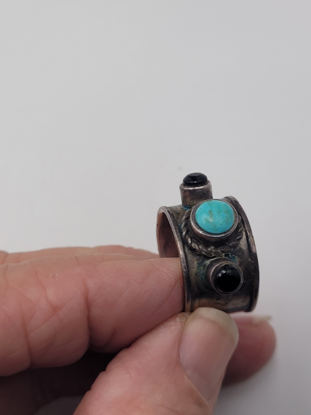 925 Sterling Thailand Ring Size 6 Adj Turquoise Handmade Wide Band One of a Kind