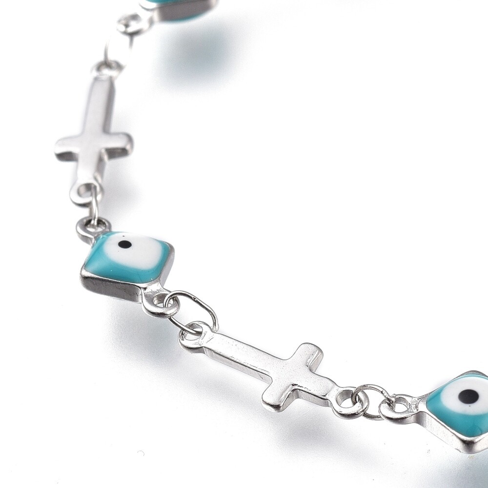 Stainless Steel Bracelet Enamel Lobster Evil Eye Cross Silver Turquoise 7″ Z191