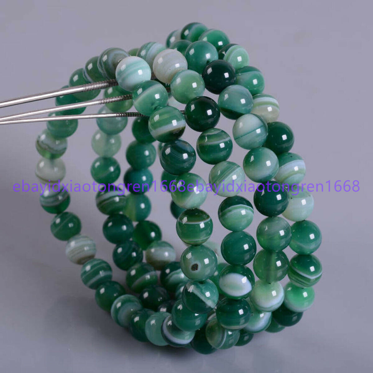 7.5 Inch 6/8/10/12mm Green Striped Agate Round Gemstone Beads Elastic Bracelet